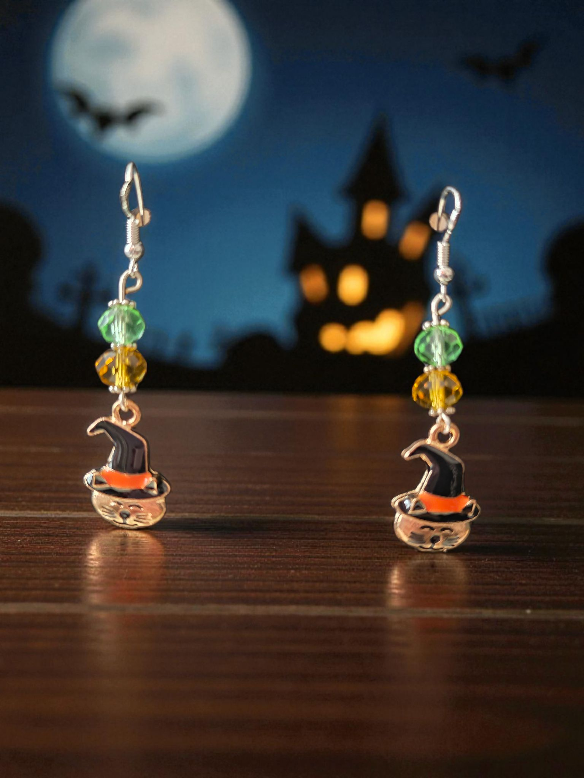 Sterling Silver Halloween cat charm dangle earrings